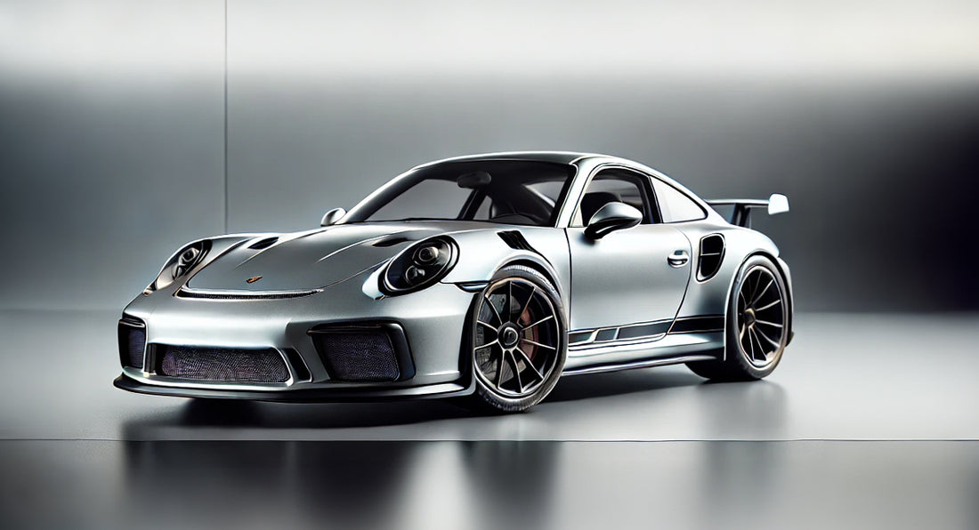 Header image featuring a diecast model of a Porsche 911 GT3 RS in 1:18 scale. The model is set against a sleek silver and black gradient background, highlighting the premium craftsmanship and luxury appeal of the Porsche brand.