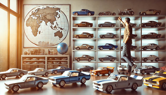 A visually engaging image of a well-maintained diecast car collection displayed in clean, organized shelves and display cases, with a neutral background highlighting the vibrant colors and details of the models.