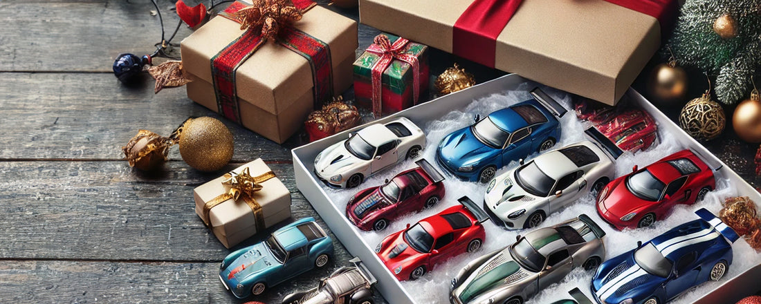 Festive holiday-themed image featuring a collection of diecast cars arranged as gifts.