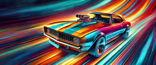 Header image featuring a dynamic Hot Wheels 1968 Custom Camaro in bright, vibrant colors, with motion lines and a racing-themed background.