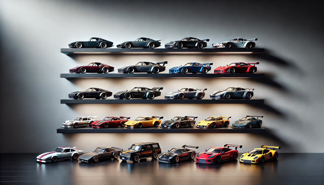 A collection of detailed diecast cars including classic models, modern supercars, and race cars displayed on a sleek, modern shelf with vibrant colors and intricate designs.