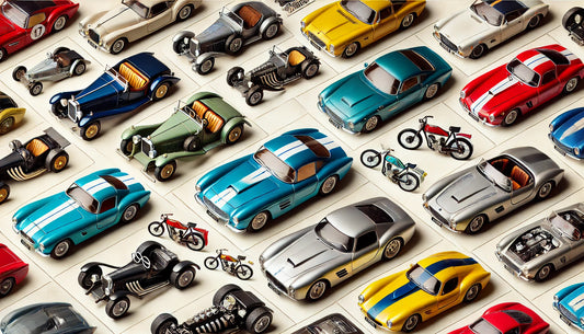 A vibrant display of diecast cars ranging from vintage classics to modern supercars, shown in high detail against a neutral background, highlighting their vivid colors and intricate designs.