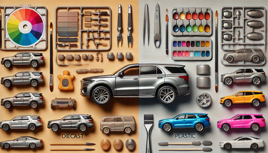 A side-by-side display of diecast and plastic model cars, highlighting the metallic finish and realistic weight of diecast models and the vibrant colors and customization tools of plastic models.