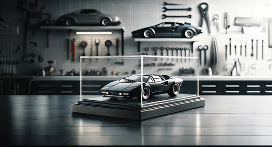 Classic Lamborghini displayed inside a clear acrylic case on a shelf in a garage. The garage setting includes tools and automotive elements.