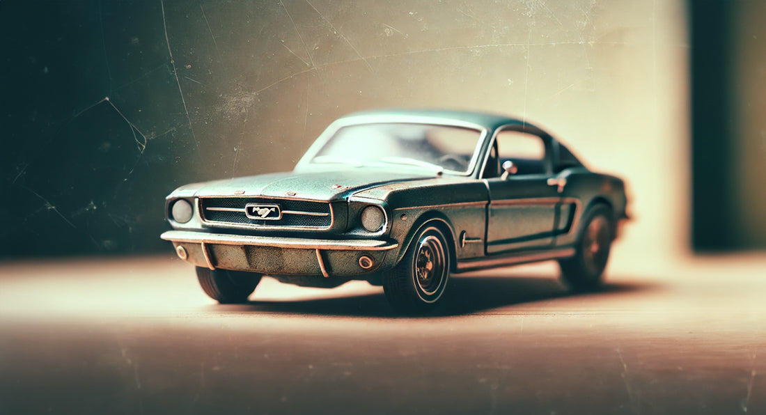 Header image featuring a well-worn diecast model of a 1967 Ford Mustang with visible patina, showcasing faded paint and slight rust.