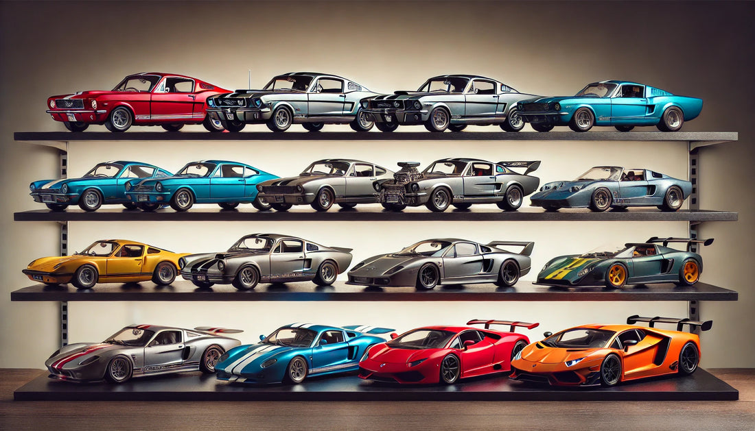 A collection of detailed diecast cars including models like the 1967 Ford Mustang GT, Ferrari F40, Porsche 911 Carrera, and Lamborghini Aventador displayed on a modern shelf with vibrant colors and intricate designs.