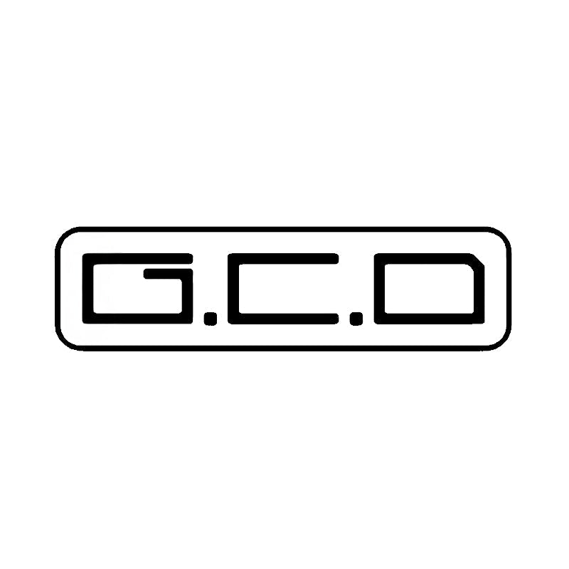 GCD logo, a minimalistic black outline of the letters 'GCD' in a rectangular frame.