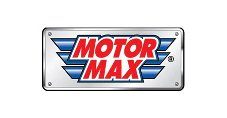 Motor Max logo featuring bold red text reading 'Motor Max' in all caps, overlaid on blue horizontal stripes resembling wings, framed within a metallic silver border.