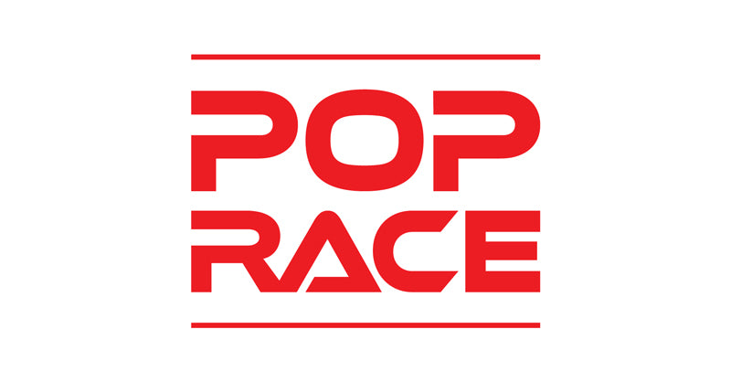 Pop Race logo with bold red text in a modern, all-uppercase font, stacked with 'Pop' above 'Race'.