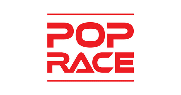 Pop Race logo with bold red text in a modern, all-uppercase font, stacked with 'Pop' above 'Race'.