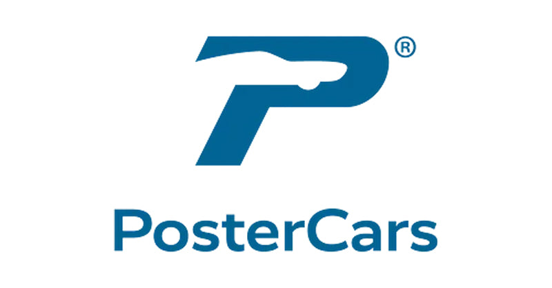 Postercars logo with a blue and white 'P' next to bold blue text reading 'Postercars' in modern typography.