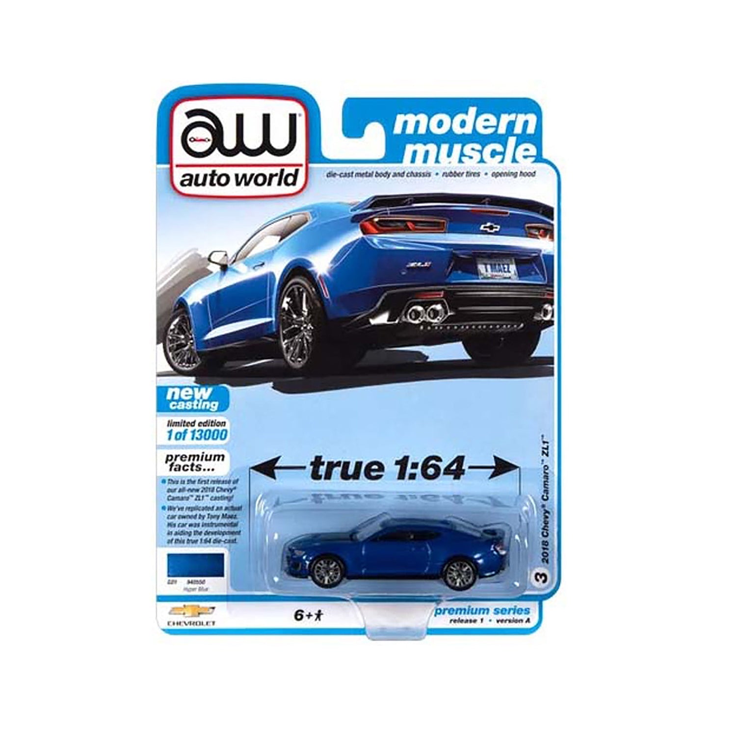 Blue 2019 Chevrolet Camaro ZL1 diecast model product image