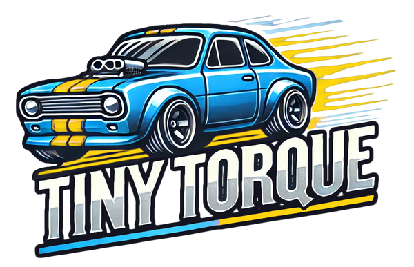 Logo for Tiny Torque featuring a blue vintage car with racing stripes and flames behind it, emphasizing speed and excitement.